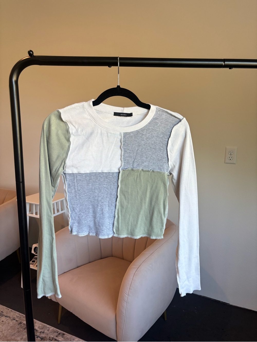 Forever 21 White and Gray Patchwork Long Sleeve Top